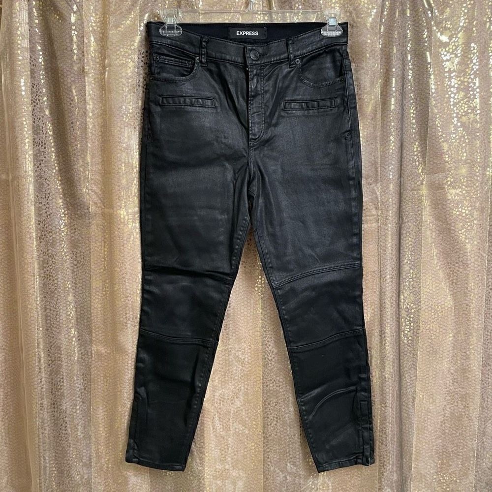Express Black Coated Shiny Moto Ankle Zip High Rise Leggings, 8 Short